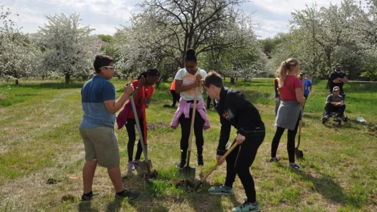 Photo of students planting trees in Fargo for Arbor Day