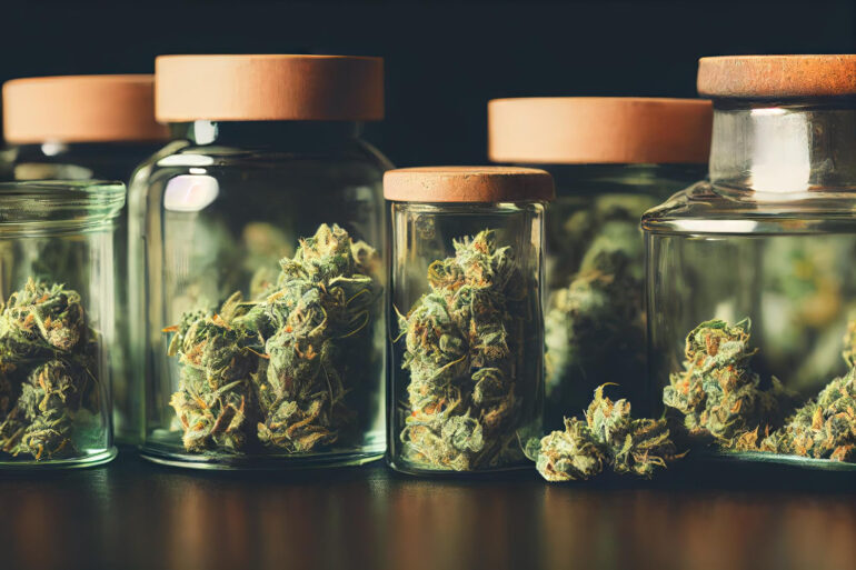Photo of medicinal marijuana flowers storage in glass jars