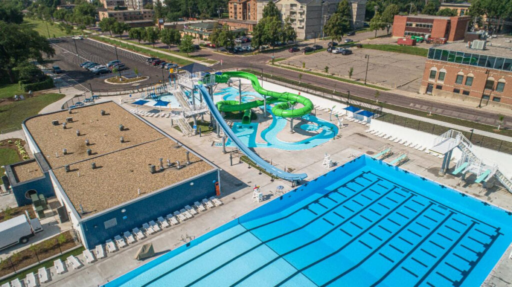 An aerial photo of the newly redesigned Island Park Pool, Fargo, N.D.