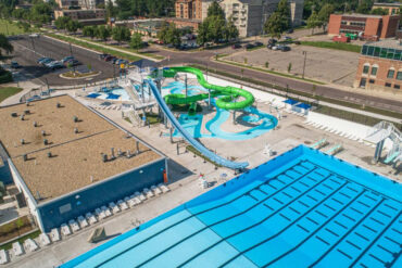 An aerial photo of the newly redesigned Island Park Pool, Fargo, N.D.